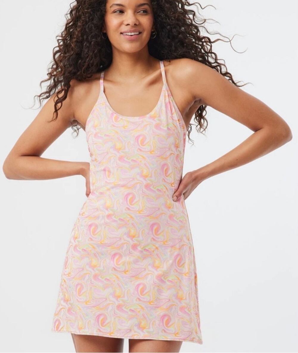Outdoor Voices Pink Marbled Built-In Shorts Mini Sleeveless The Exercise Dress